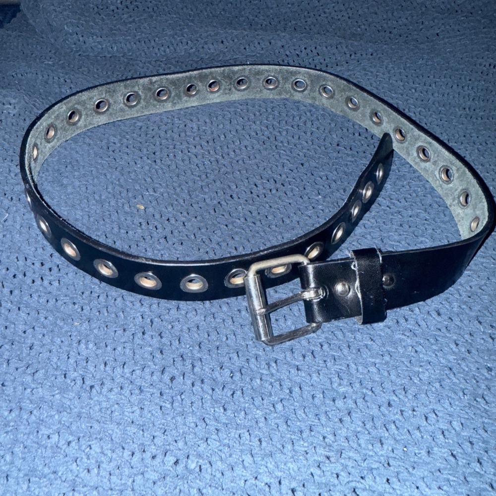 Black Grommet Belt Silver Roller Buckle Punk Grunge Y2K Faux Leather 36 Inch